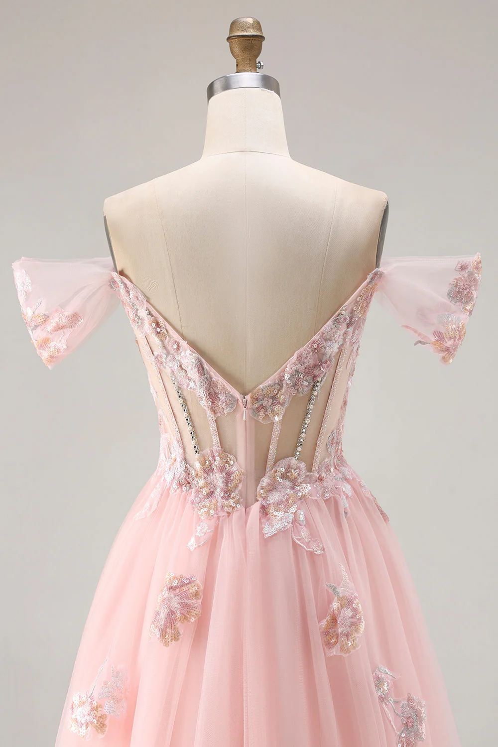 Pink A Line Off the Shoulder Beaded Sheer Corset Long Prom Dress with Sequins - Image 5