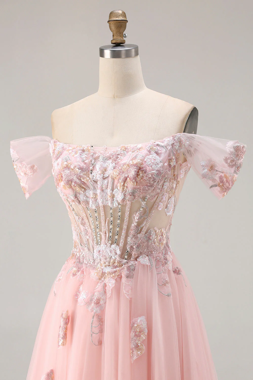 Pink A Line Off the Shoulder Beaded Sheer Corset Long Prom Dress with Sequins - Image 6