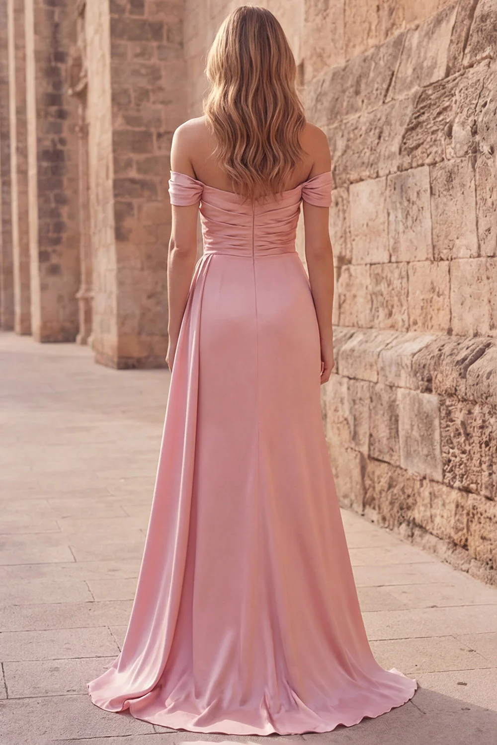 Pink A-Line Off the Shoulder Ruched Satin Long Prom Dress with Slit - Image 2