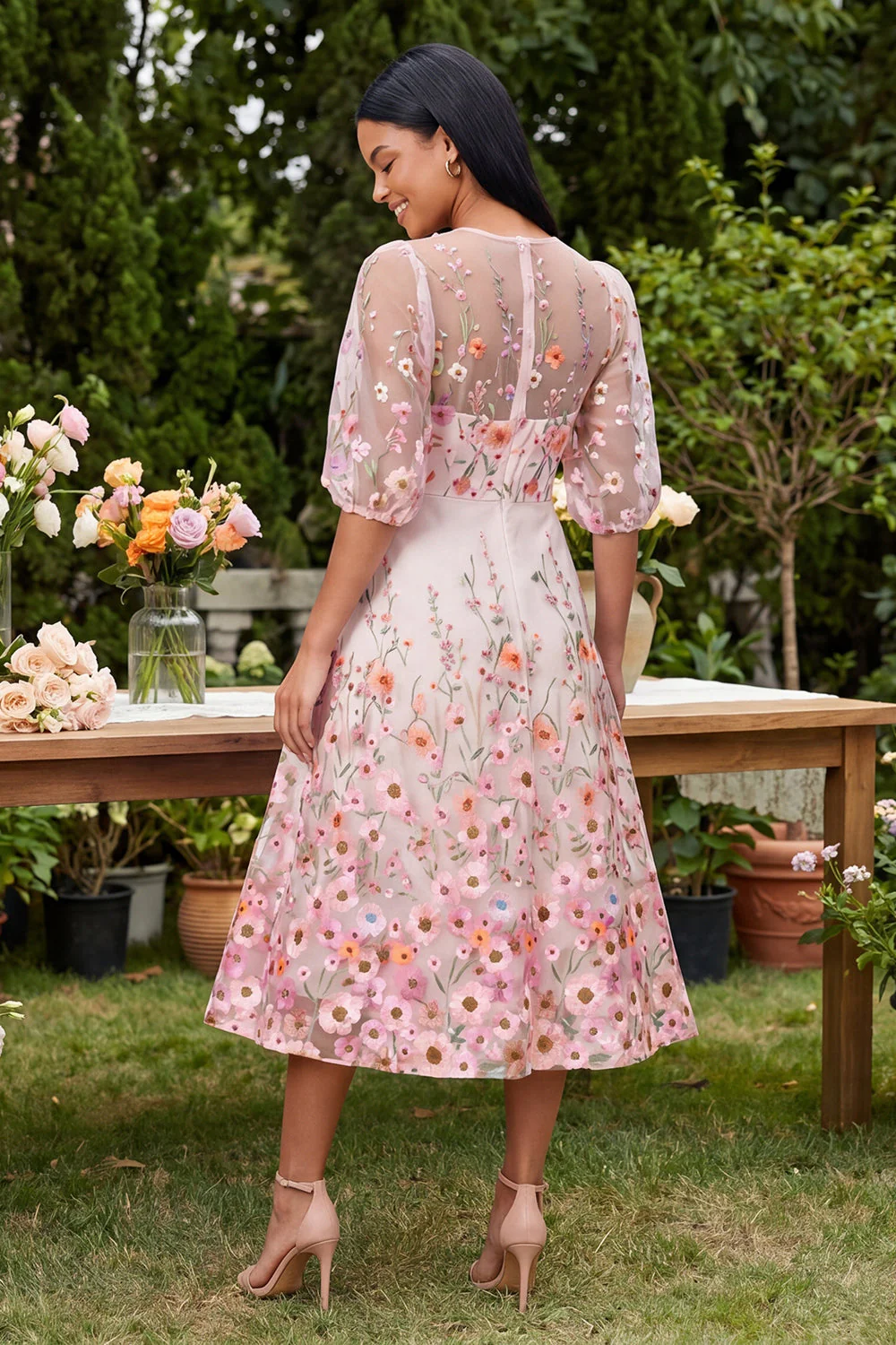 Pink A-Line Embroidered Midi Floral Dress with Half Sleeves - Image 2