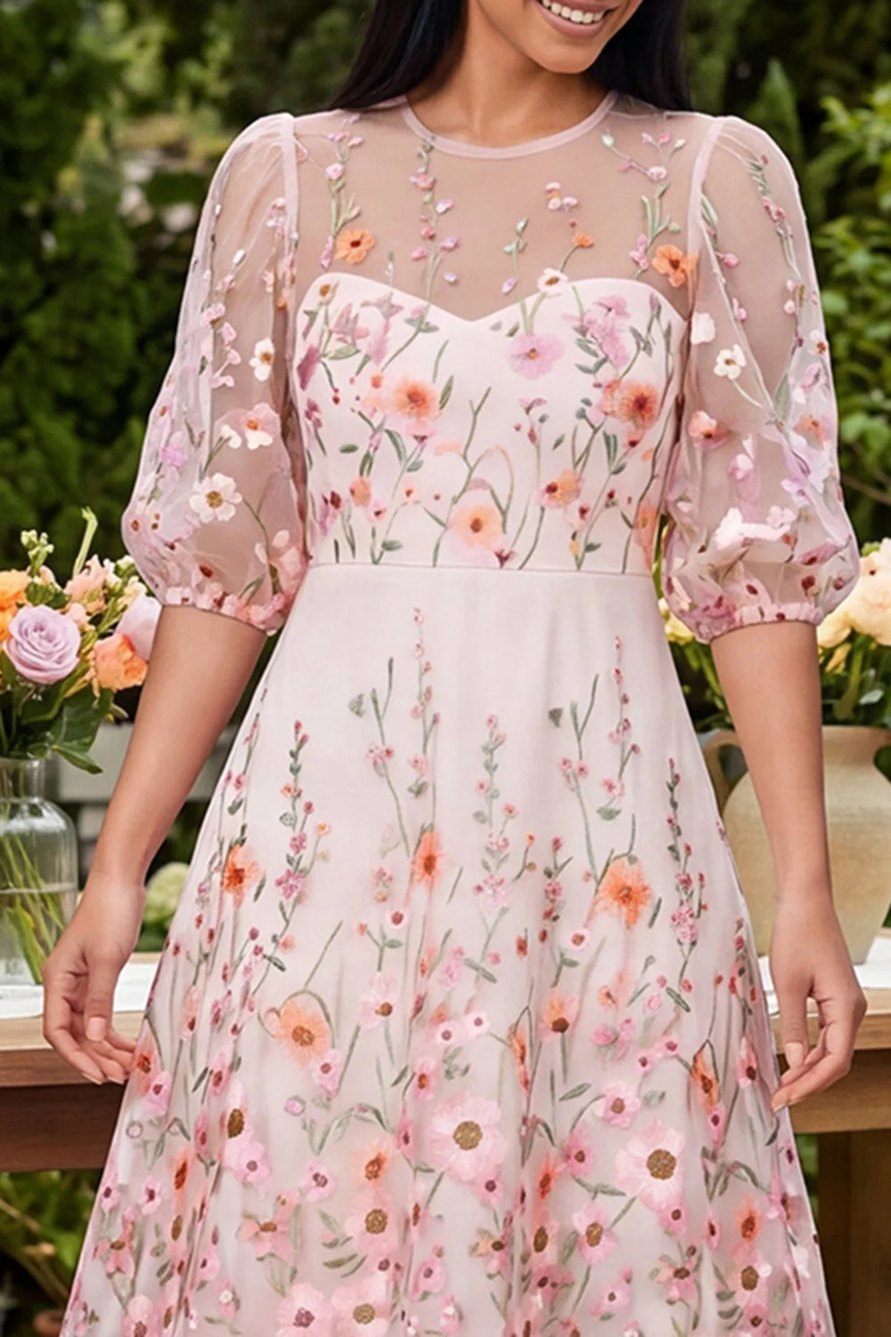 Pink A-Line Embroidered Midi Floral Dress with Half Sleeves - Image 3