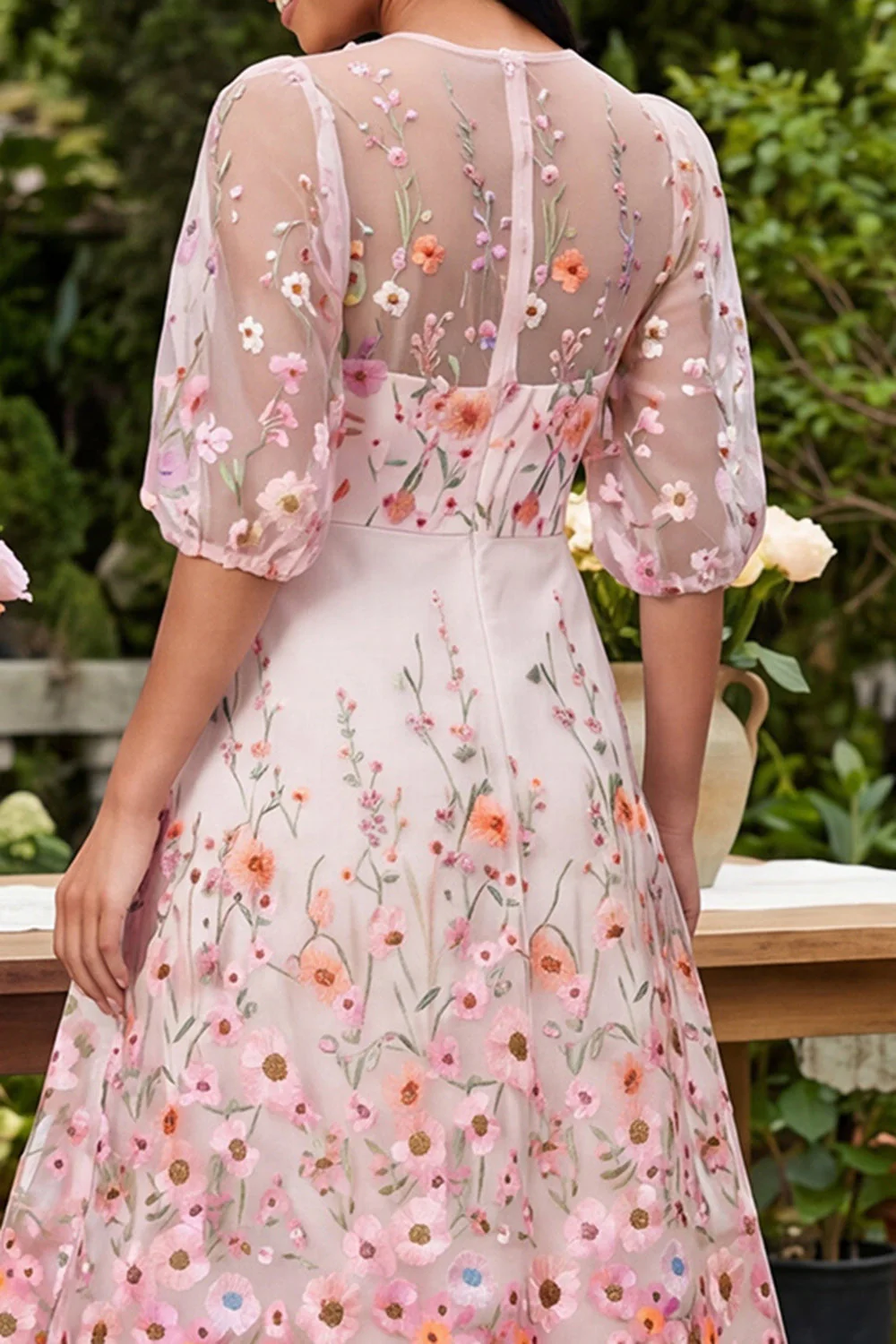 Pink A-Line Embroidered Midi Floral Dress with Half Sleeves - Image 4