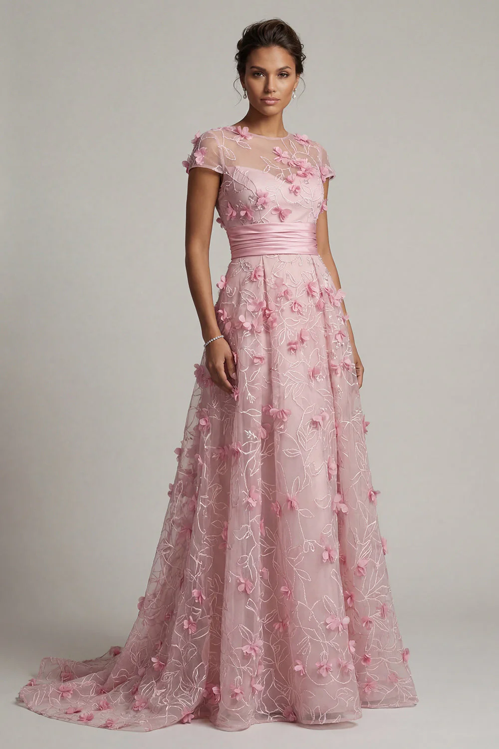 Pink A Line Cap Sleeve Long Mother Of Bride Dress with 3D Flowers
