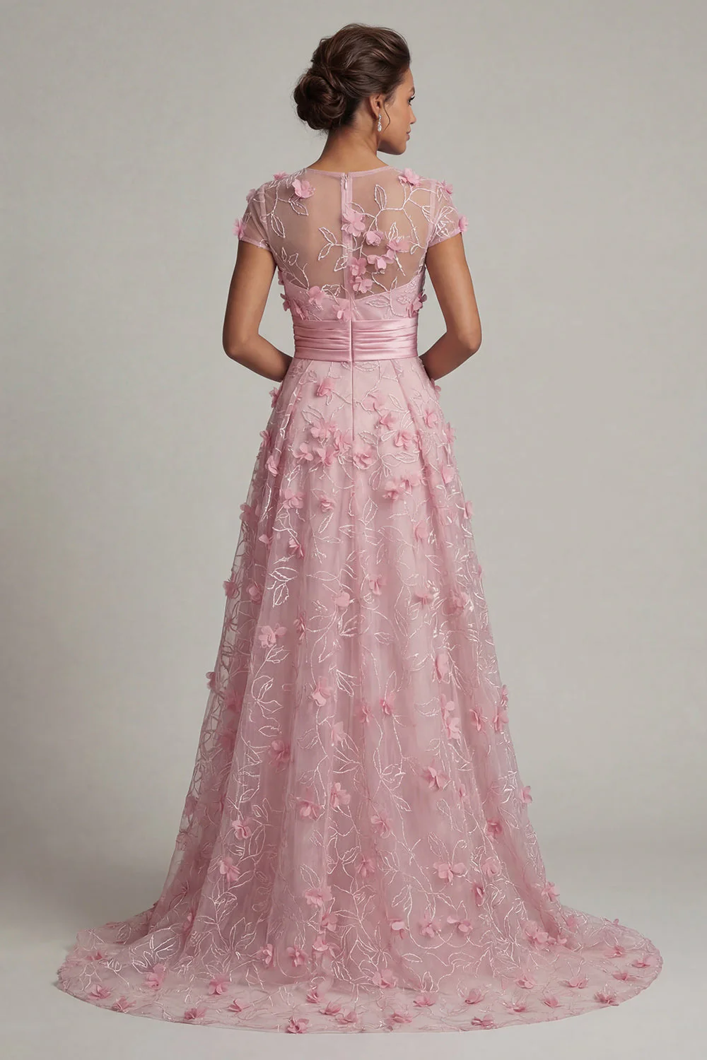 Pink A Line Cap Sleeve Long Mother Of Bride Dress with 3D Flowers - Image 2