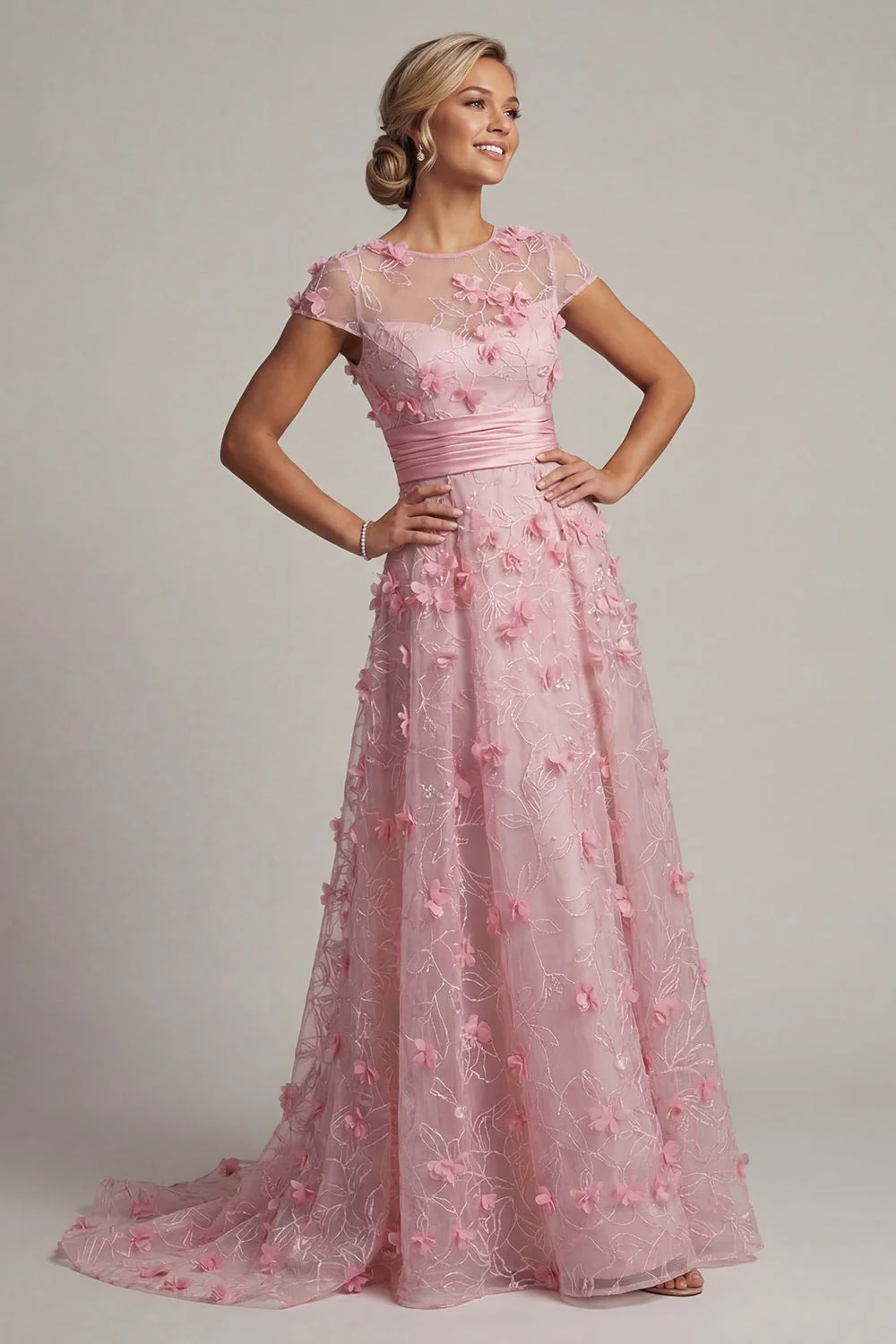 Pink A Line Cap Sleeve Long Mother Of Bride Dress with 3D Flowers - Image 3