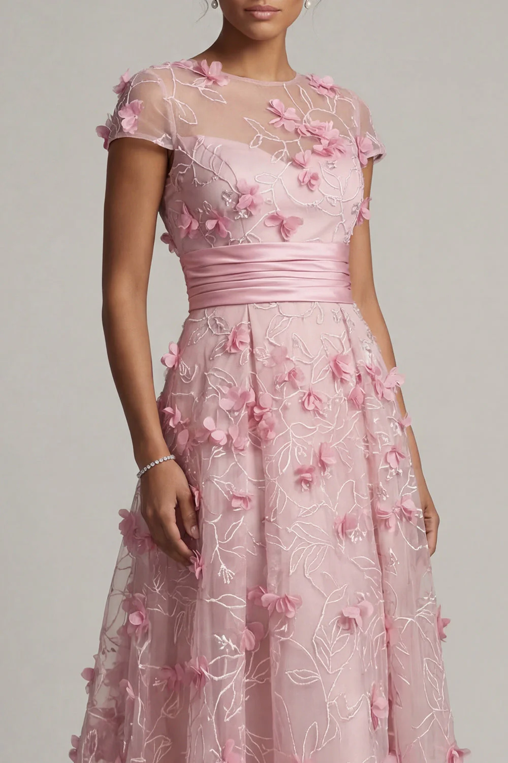 Pink A Line Cap Sleeve Long Mother Of Bride Dress with 3D Flowers - Image 4