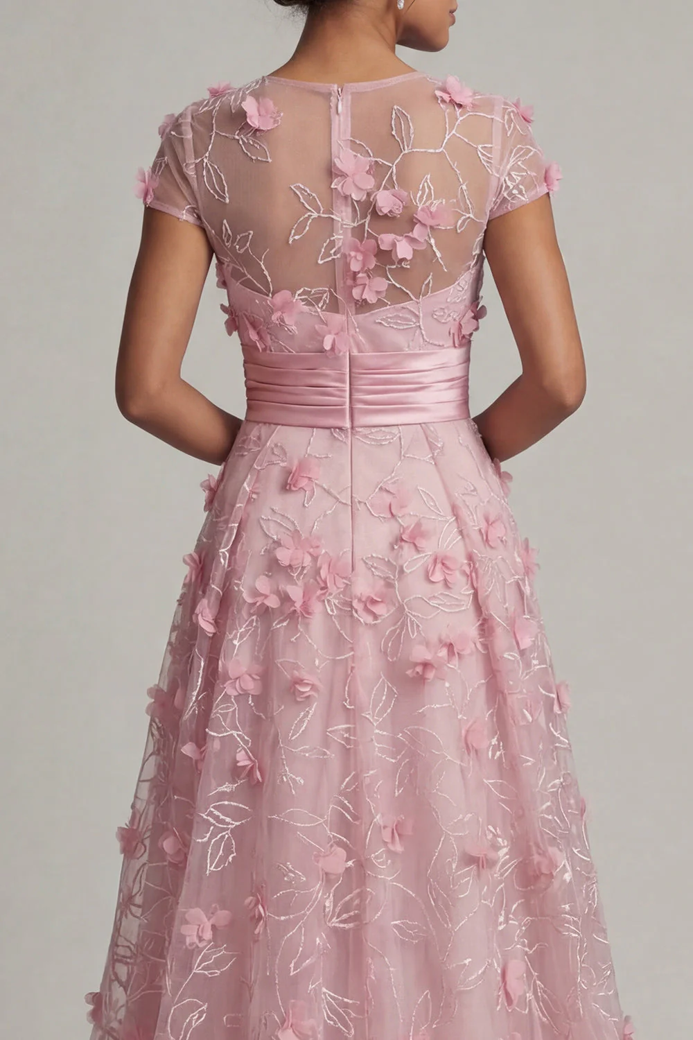 Pink A Line Cap Sleeve Long Mother Of Bride Dress with 3D Flowers - Image 5