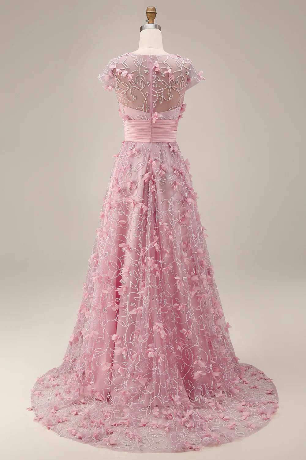 Pink A Line Cap Sleeve Long Mother Of Bride Dress with 3D Flowers - Image 7
