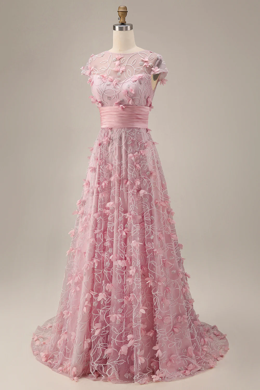 Pink A Line Cap Sleeve Long Mother Of Bride Dress with 3D Flowers - Image 8