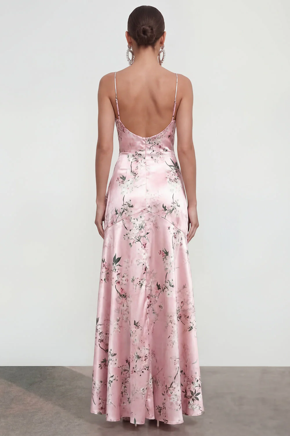 Pink A Line Spaghetti Straps Printed Floral Dress with Ruffle Slit - Image 2