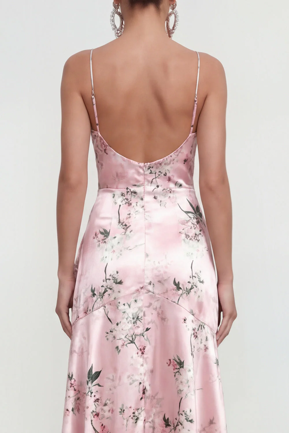 Pink A Line Spaghetti Straps Printed Floral Dress with Ruffle Slit - Image 4