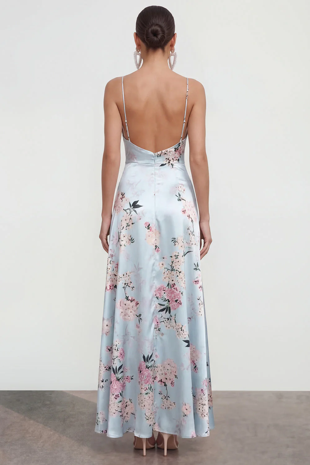 Pink A Line Spaghetti Straps Printed Floral Dress with Ruffle Slit - Image 6