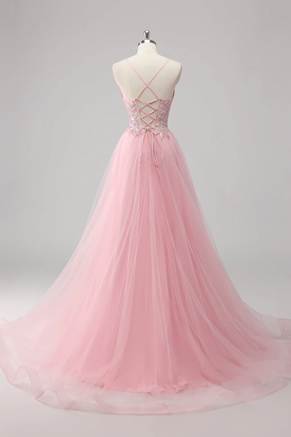 Pink A-Line Spaghetti Straps Tulle Long Prom Dress with Sequined Appliques - Image 2