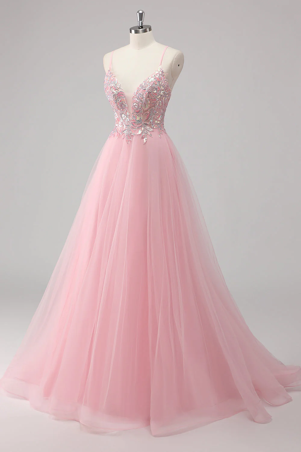 Pink A-Line Spaghetti Straps Tulle Long Prom Dress with Sequined Appliques - Image 3