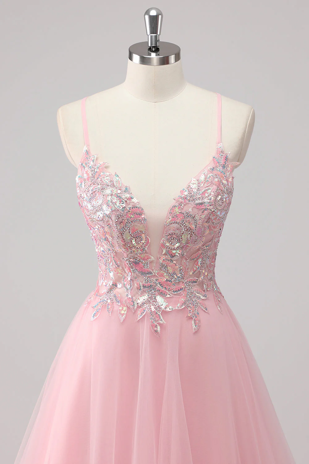 Pink A-Line Spaghetti Straps Tulle Long Prom Dress with Sequined Appliques - Image 4