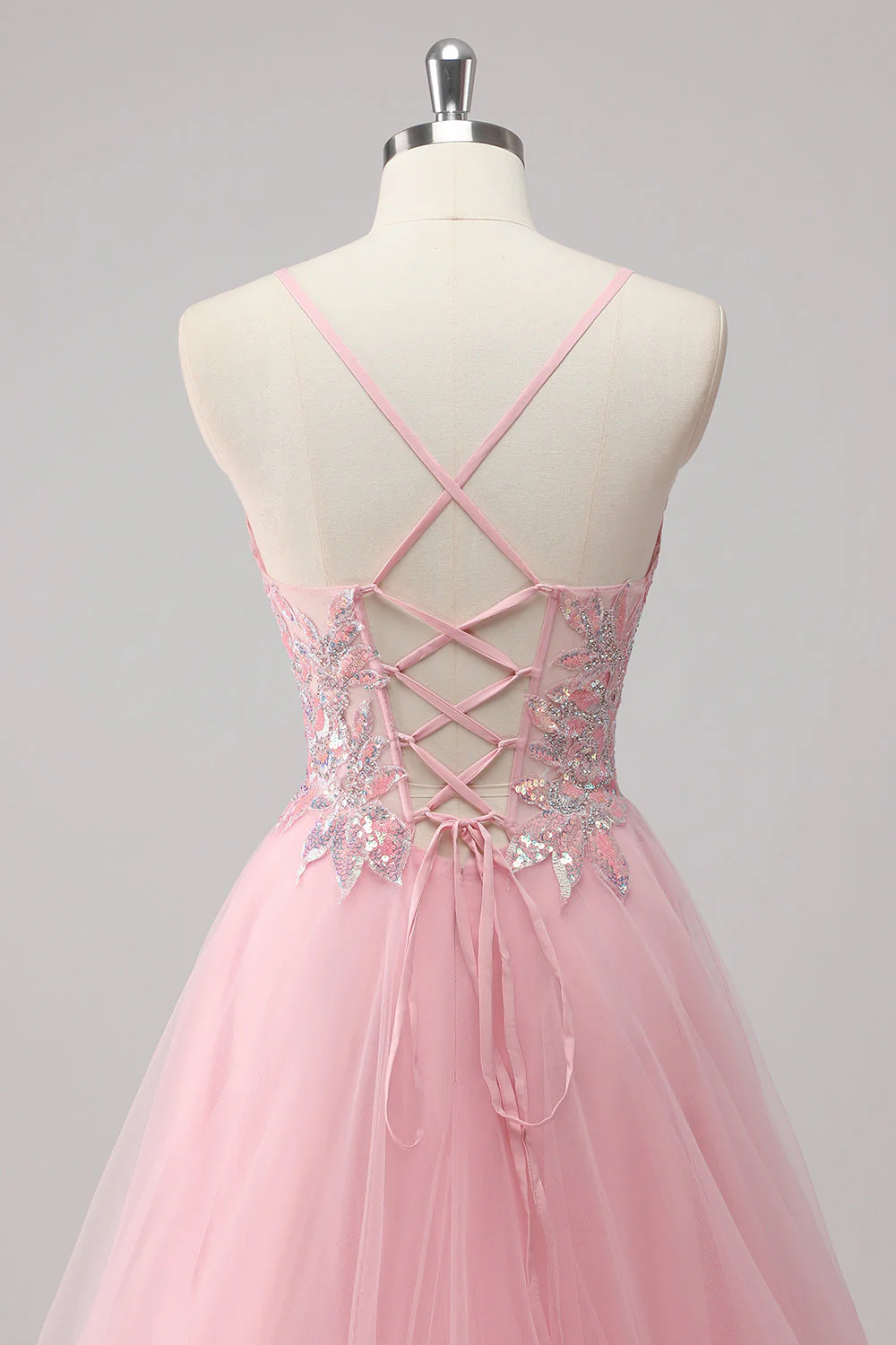 Pink A-Line Spaghetti Straps Tulle Long Prom Dress with Sequined Appliques - Image 5