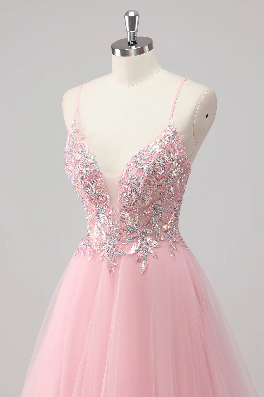 Pink A-Line Spaghetti Straps Tulle Long Prom Dress with Sequined Appliques - Image 6