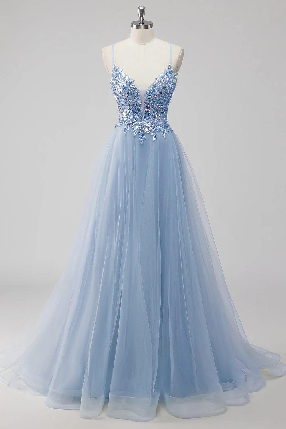 Pink A-Line Spaghetti Straps Tulle Long Prom Dress with Sequined Appliques - Image 7