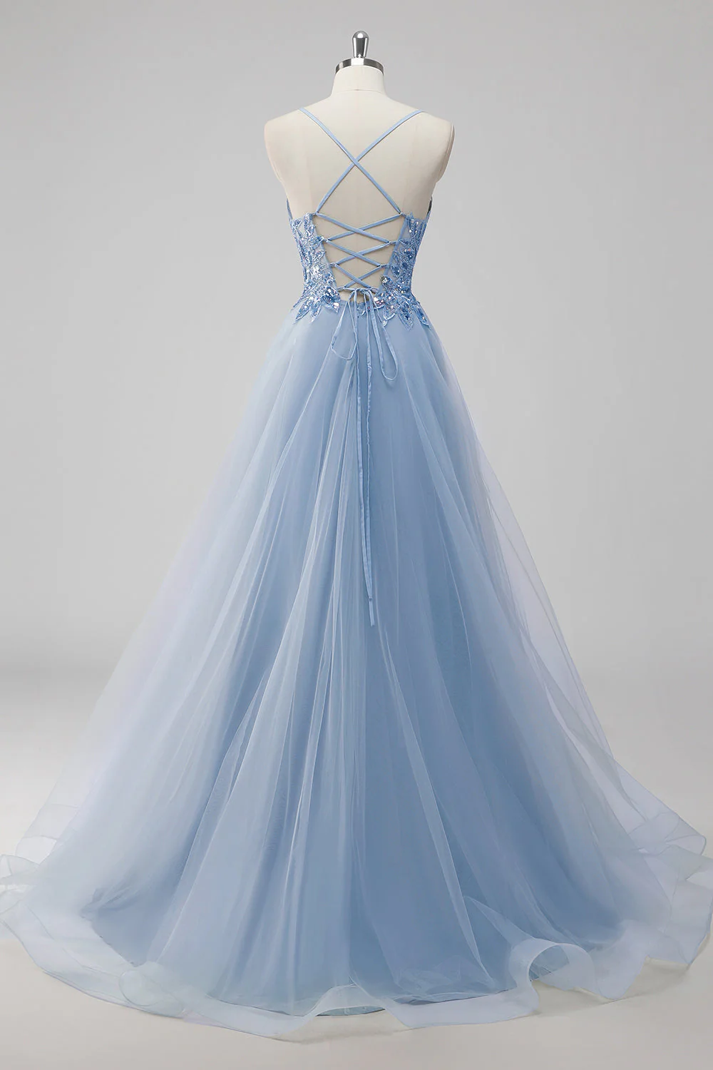 Pink A-Line Spaghetti Straps Tulle Long Prom Dress with Sequined Appliques - Image 8