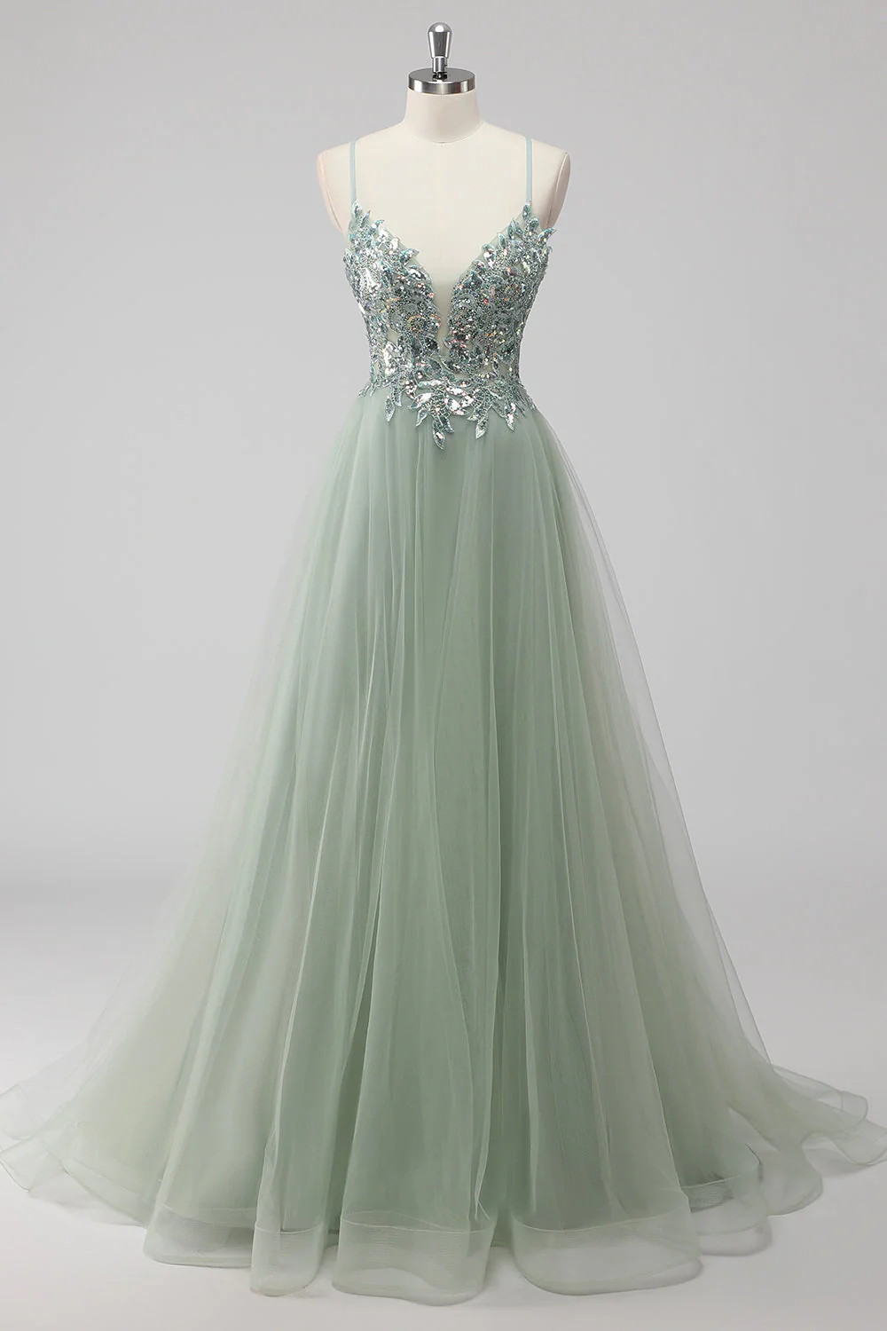 Pink A-Line Spaghetti Straps Tulle Long Prom Dress with Sequined Appliques - Image 9