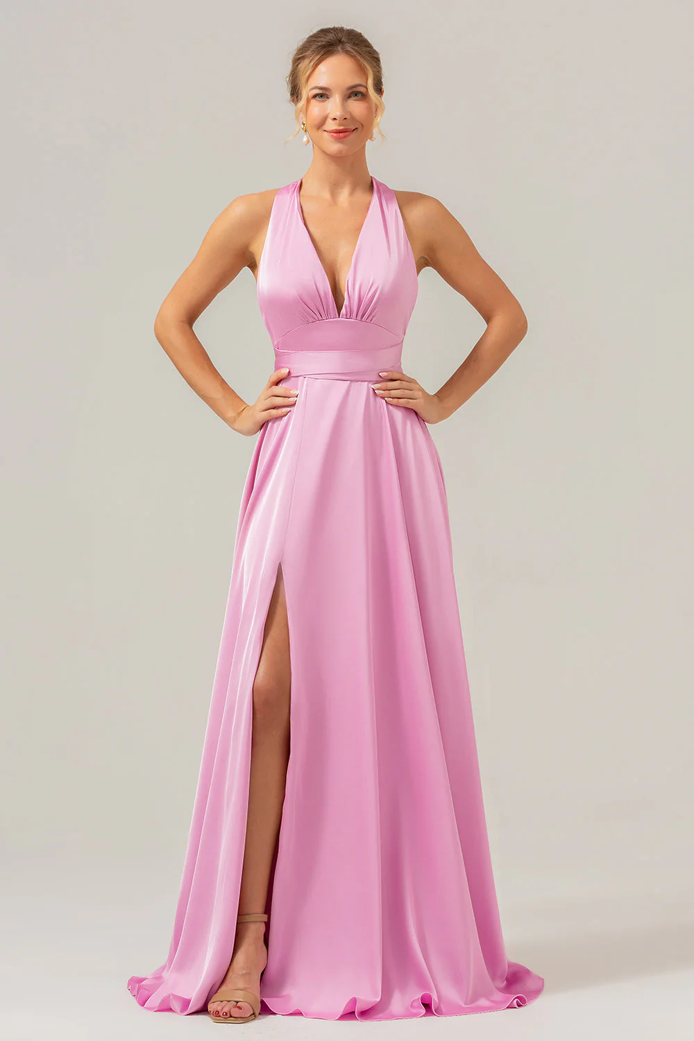 Pink A Line V-Neck Backless Satin Long Bridesmaid Dress with Slit - Image 5