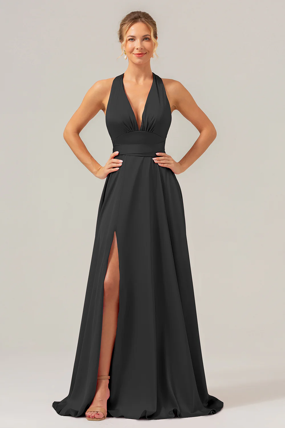 Pink A Line V-Neck Backless Satin Long Bridesmaid Dress with Slit - Image 9