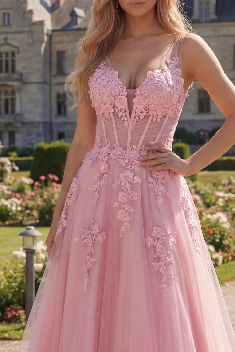 Pink A-Line V-Neck Corset Long Tulle Prom Dress - Image 3