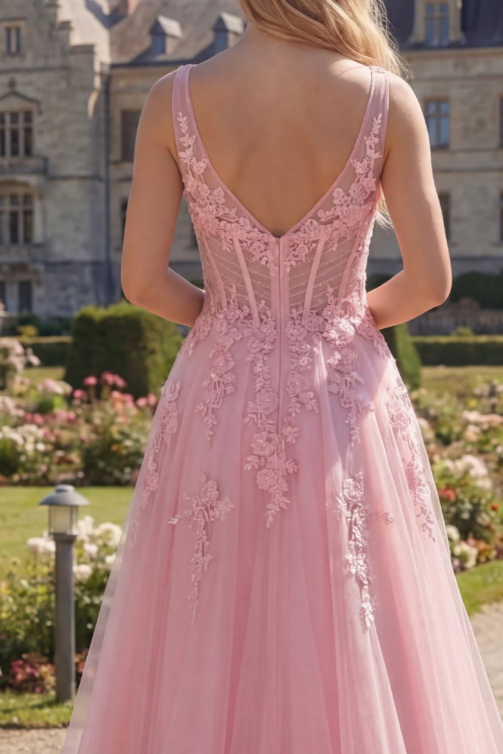 Pink A-Line V-Neck Corset Long Tulle Prom Dress - Image 4