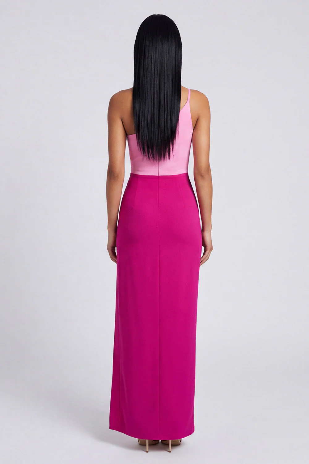 Pink and Fuchsia One Shoulder Velvet Bodycon Maxi Dress with Slit - Image 2