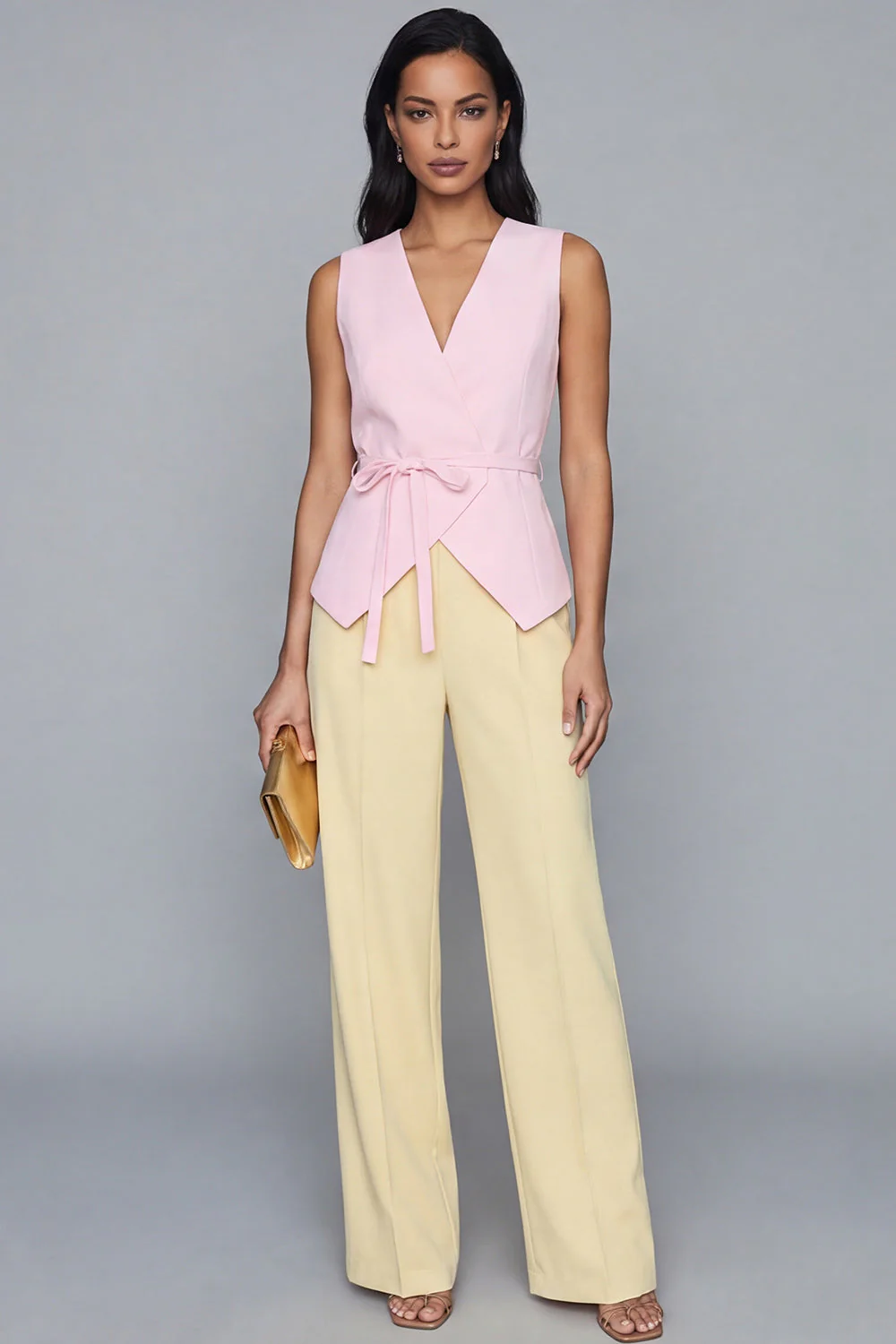 2 Piece Pink and Yellow V-Neck Work Suits