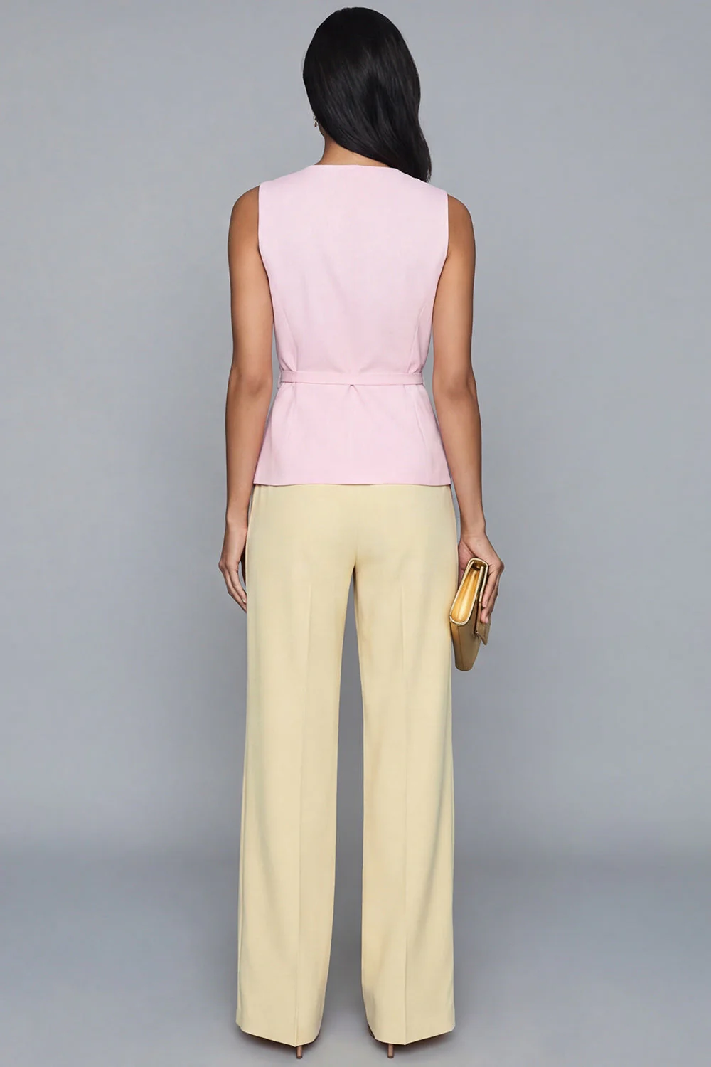 2 Piece Pink and Yellow V-Neck Work Suits - Image 2