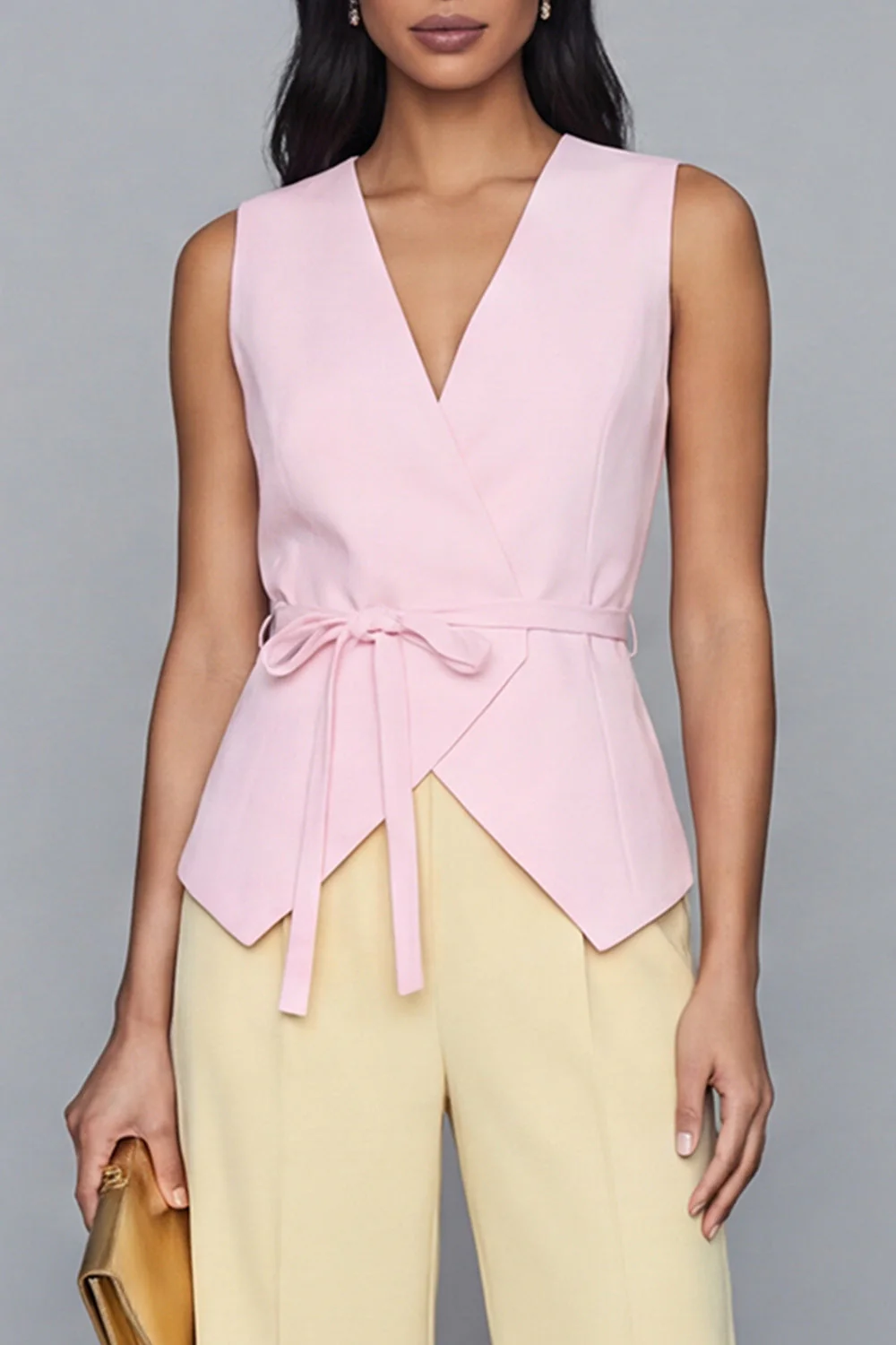 2 Piece Pink and Yellow V-Neck Work Suits - Image 3