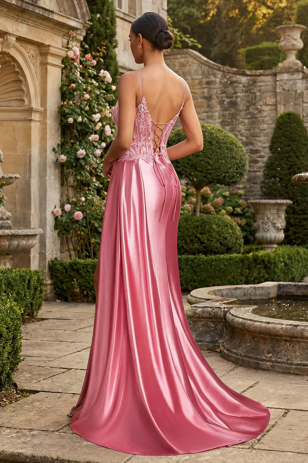 Pink Mermaid Spaghetti Straps Appliqued Long Prom Dress with Slit - Image 2