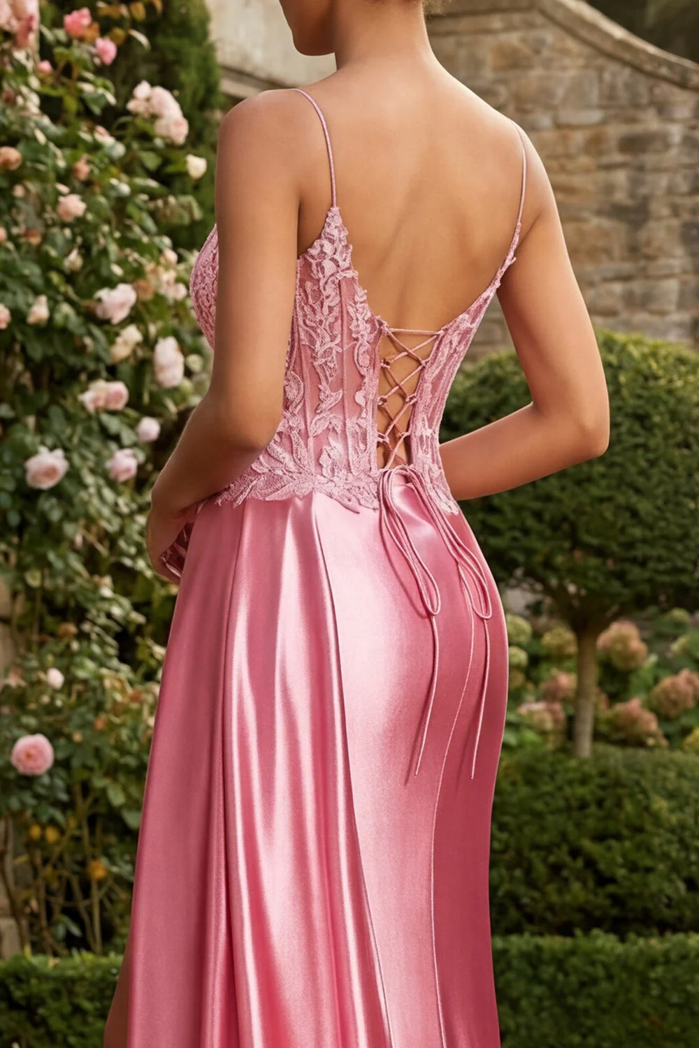 Pink Mermaid Spaghetti Straps Appliqued Long Prom Dress with Slit - Image 4