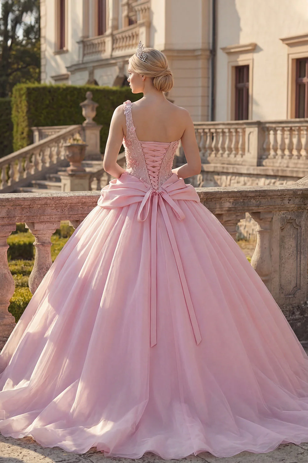Pink Ball Gown One Shoulder Appliqued Ruched Quinceanera Dress - Image 2