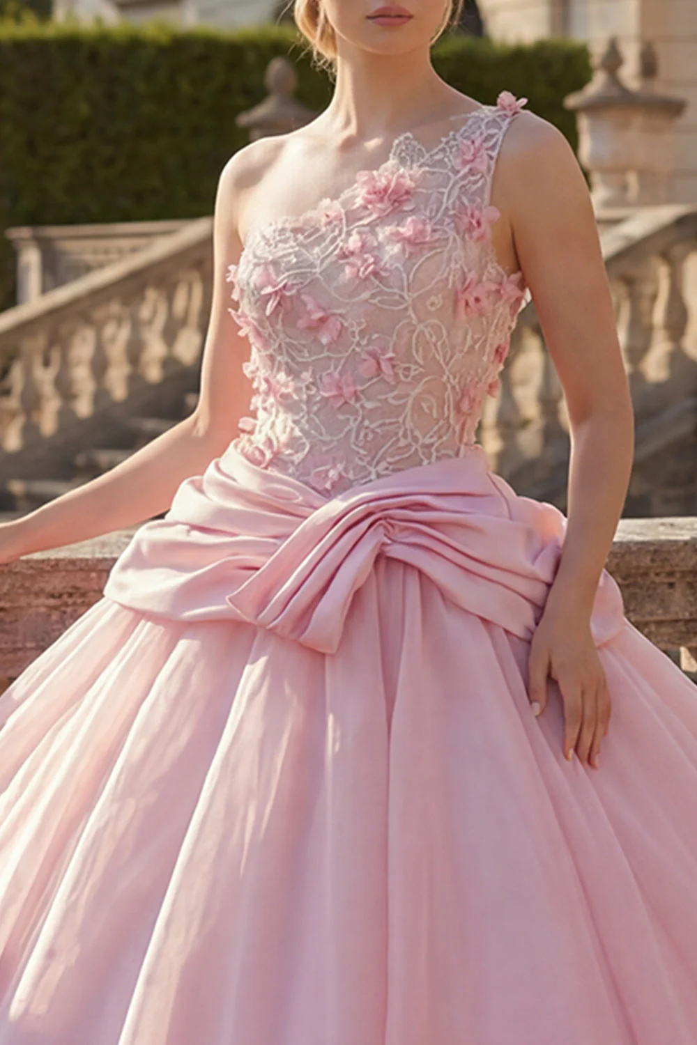 Pink Ball Gown One Shoulder Appliqued Ruched Quinceanera Dress - Image 3