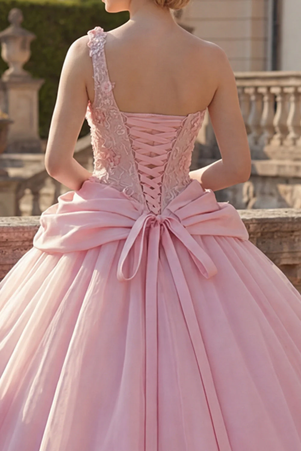 Pink Ball Gown One Shoulder Appliqued Ruched Quinceanera Dress - Image 4