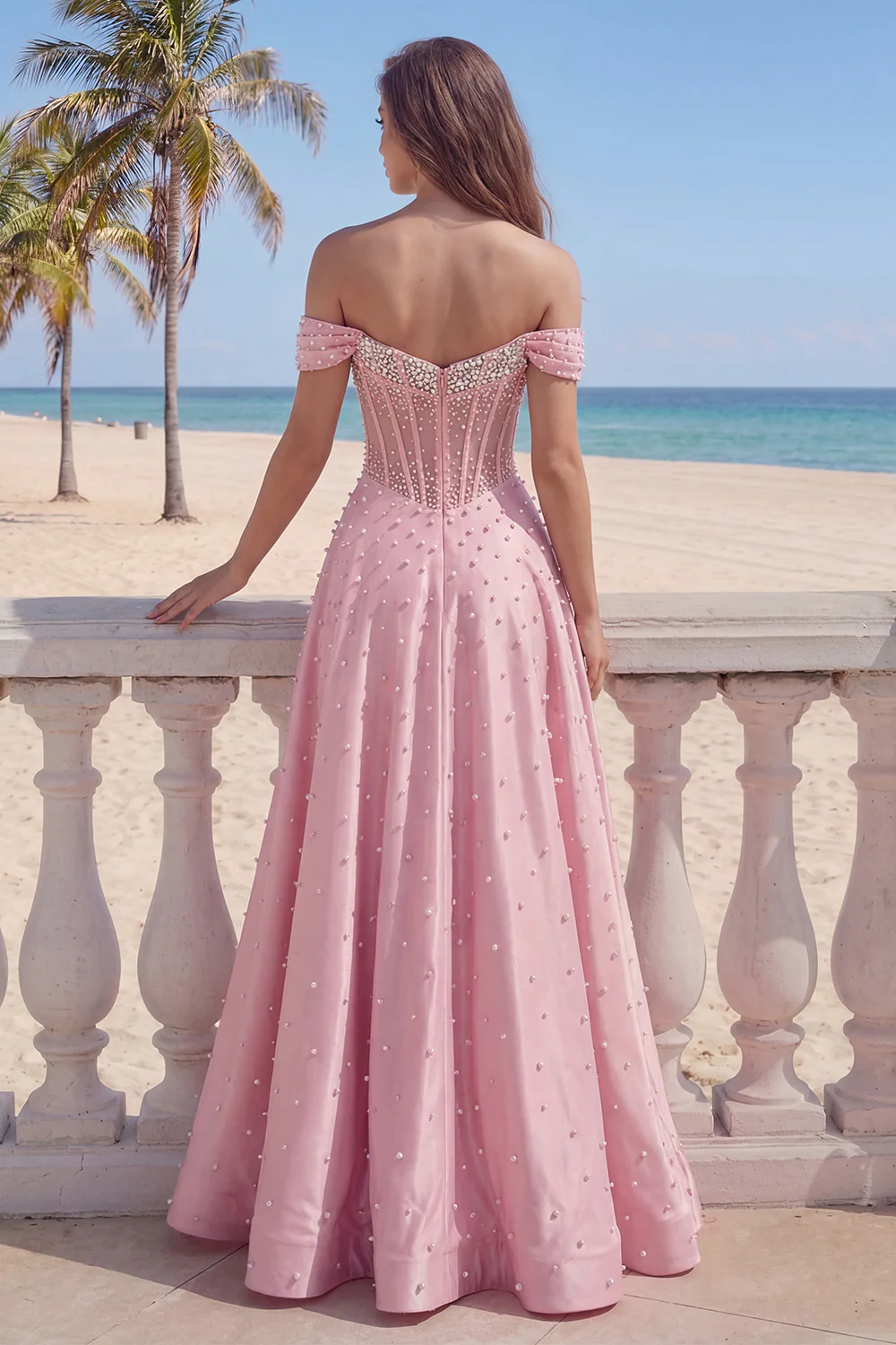 Pink Basque Waist Corset A Line Off The Shoulder Long Prom Dress with Pearls - Image 2