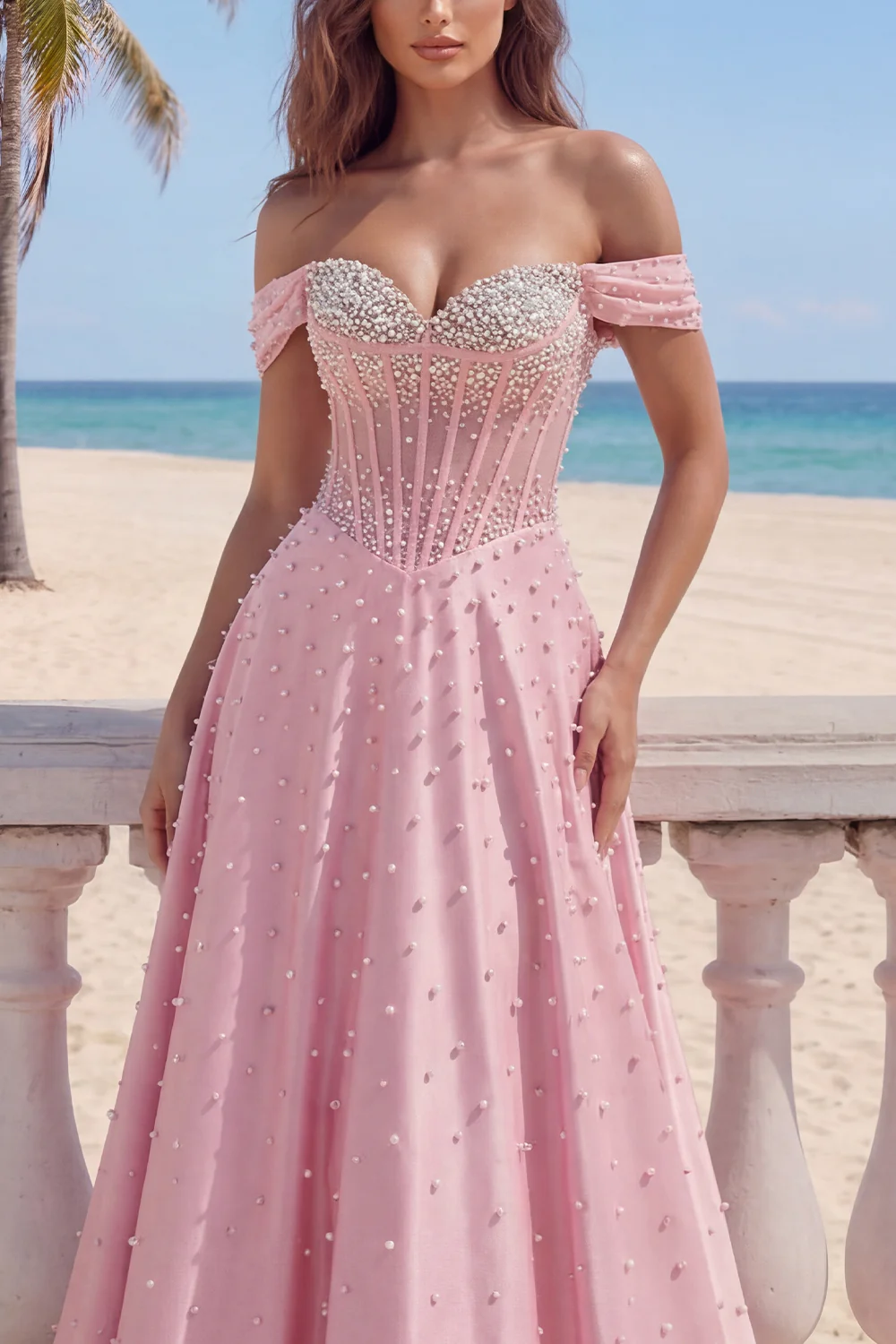 Pink Basque Waist Corset A Line Off The Shoulder Long Prom Dress with Pearls - Image 3