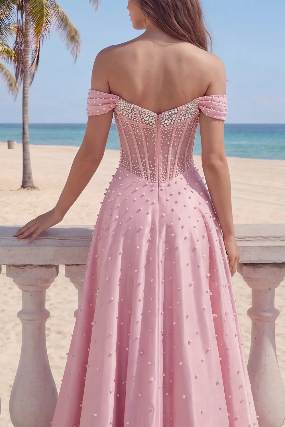 Pink Basque Waist Corset A Line Off The Shoulder Long Prom Dress with Pearls - Image 4