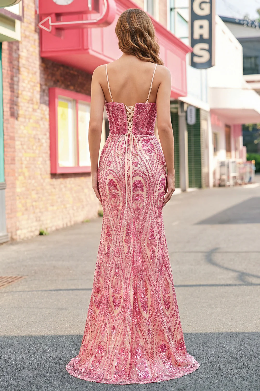 Pink Beaded Mermaid Long Prom Dress with Slit - Image 2
