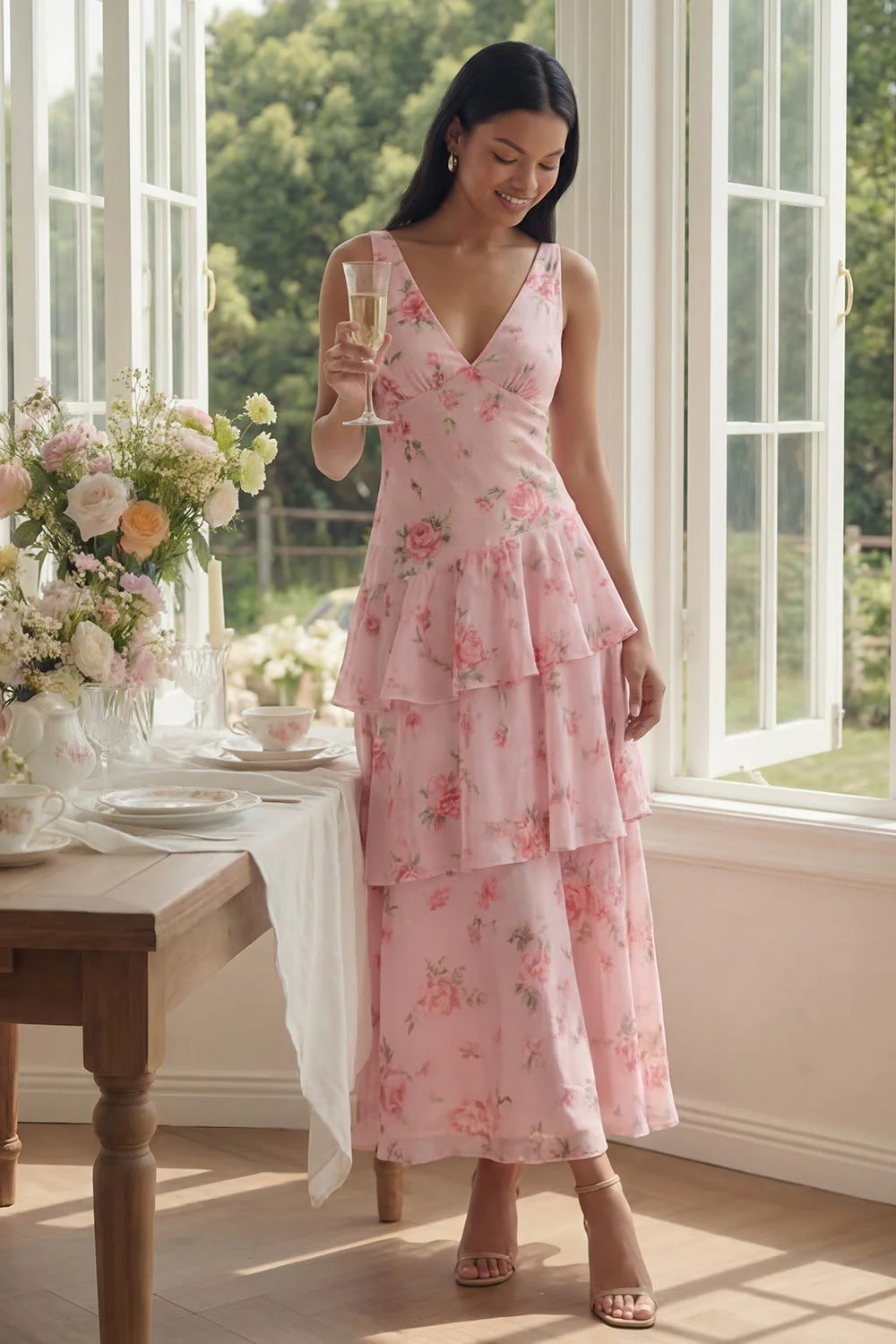 Pink Chiffon V-Neck Tiered Printed Ruffled Long Floral Dress - Image 2