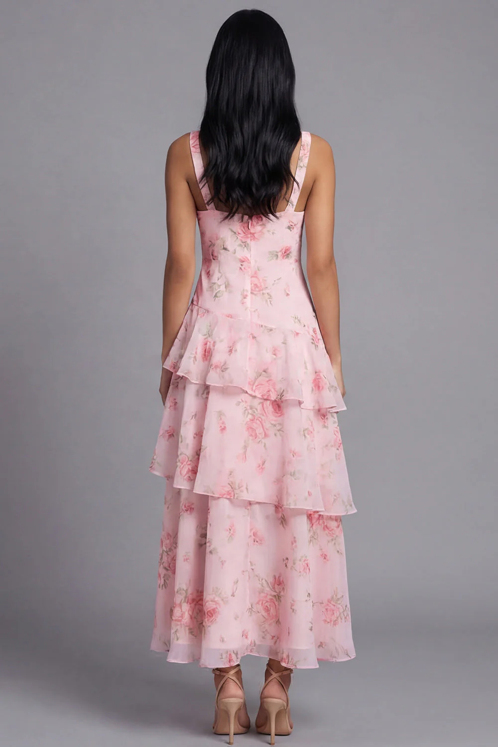 Pink Chiffon V-Neck Tiered Printed Ruffled Long Floral Dress - Image 3