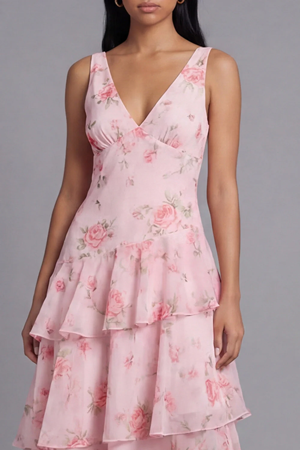 Pink Chiffon V-Neck Tiered Printed Ruffled Long Floral Dress - Image 4