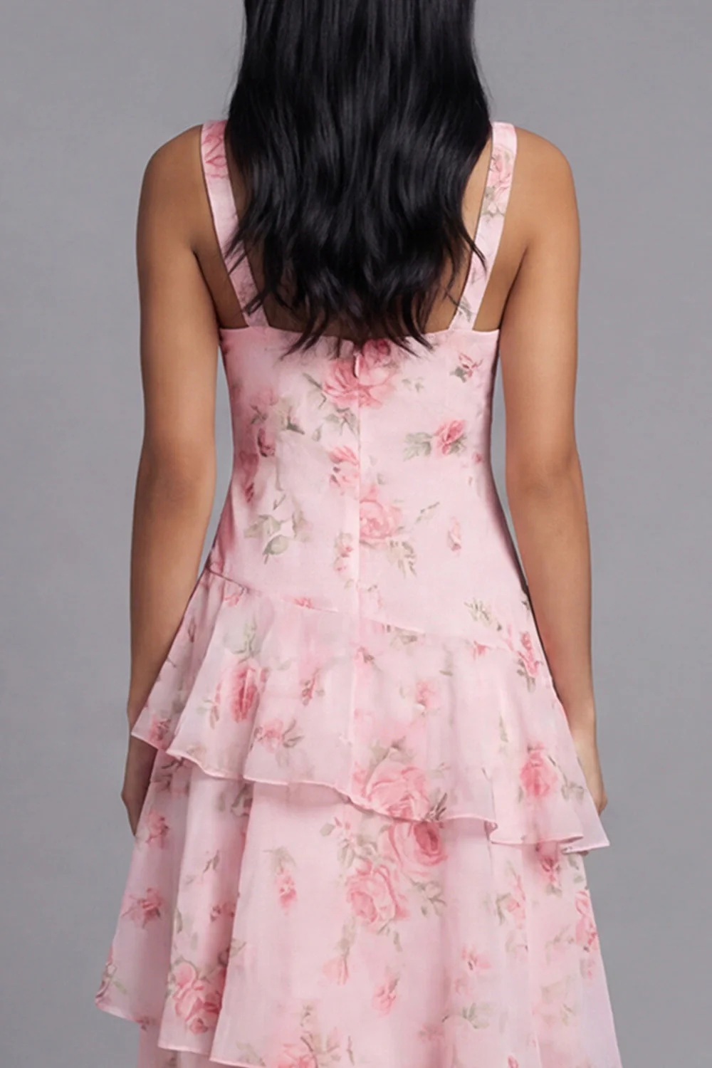 Pink Chiffon V-Neck Tiered Printed Ruffled Long Floral Dress - Image 5