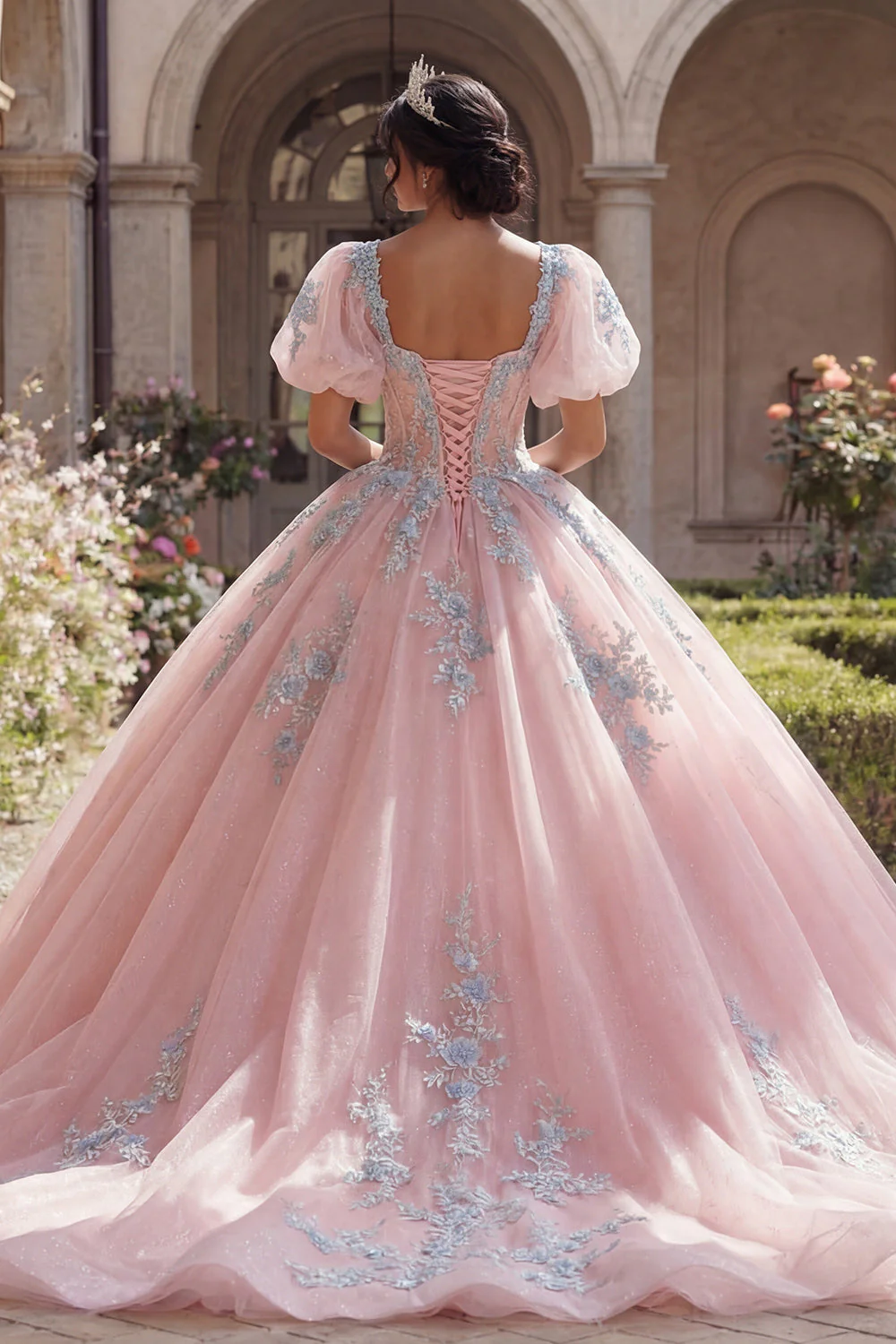 Pink Corset Appliqued Ball Gown Quinceanera Dress with Puff Sleeves - Image 2