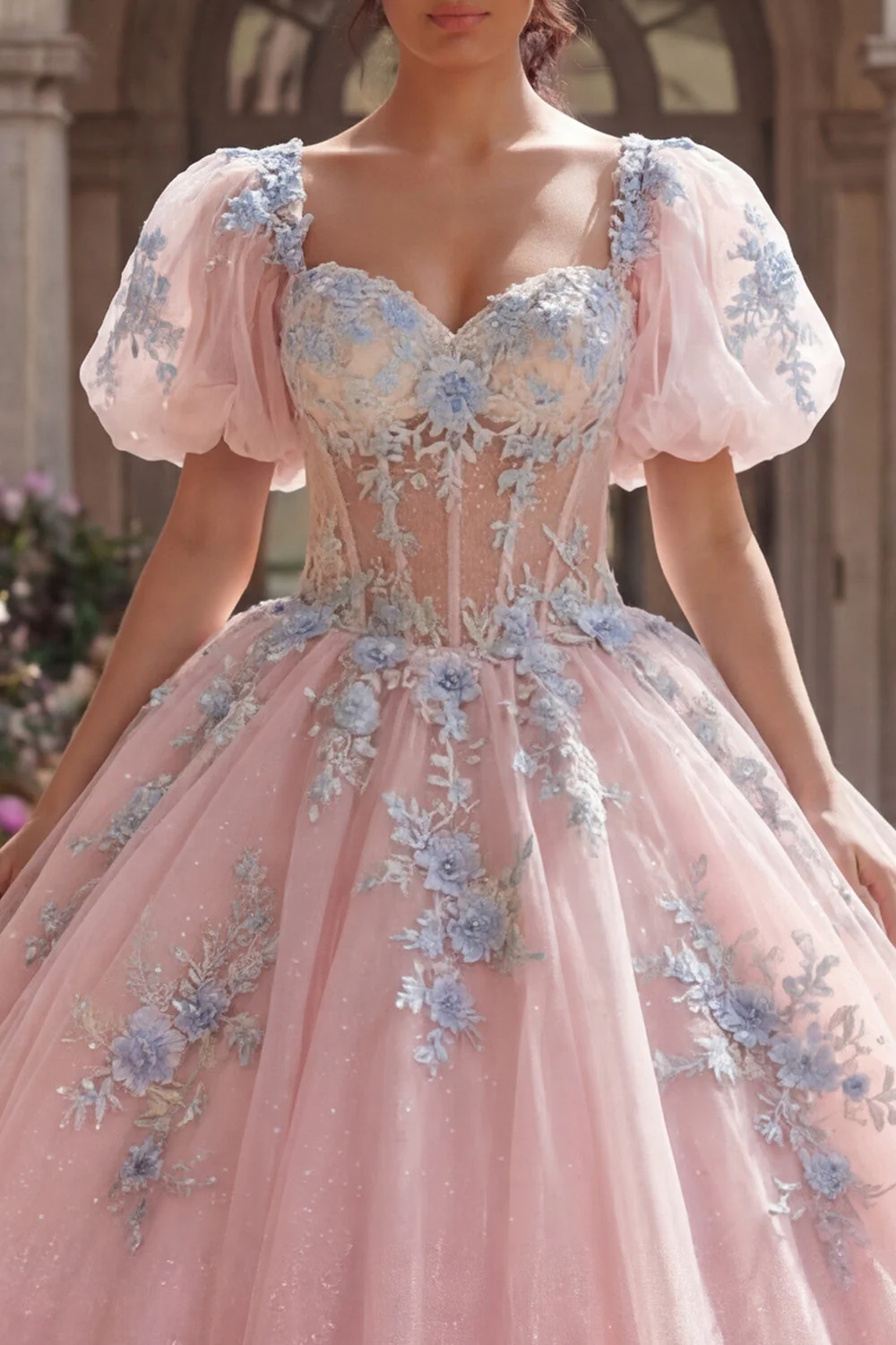 Pink Corset Appliqued Ball Gown Quinceanera Dress with Puff Sleeves - Image 3