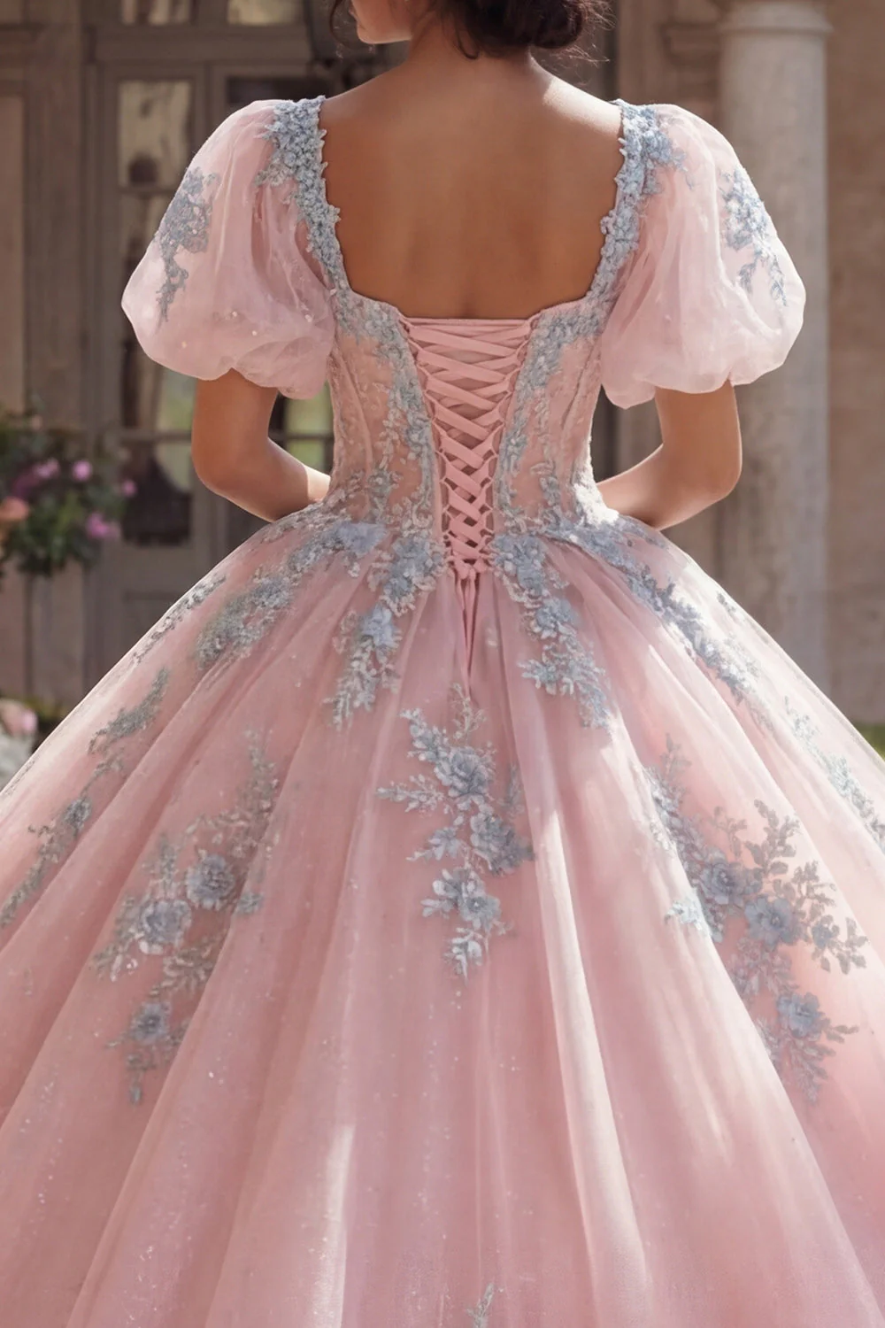 Pink Corset Appliqued Ball Gown Quinceanera Dress with Puff Sleeves - Image 4