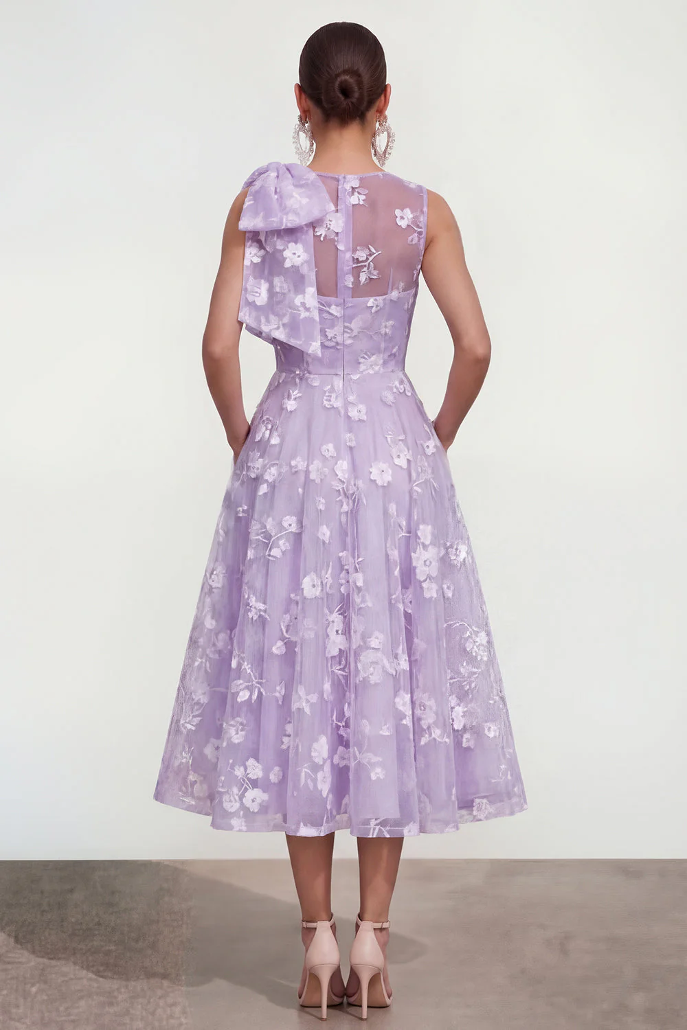 Pink Floral A-Line Bowed Round Neck Midi Dress with Pockets - Image 10