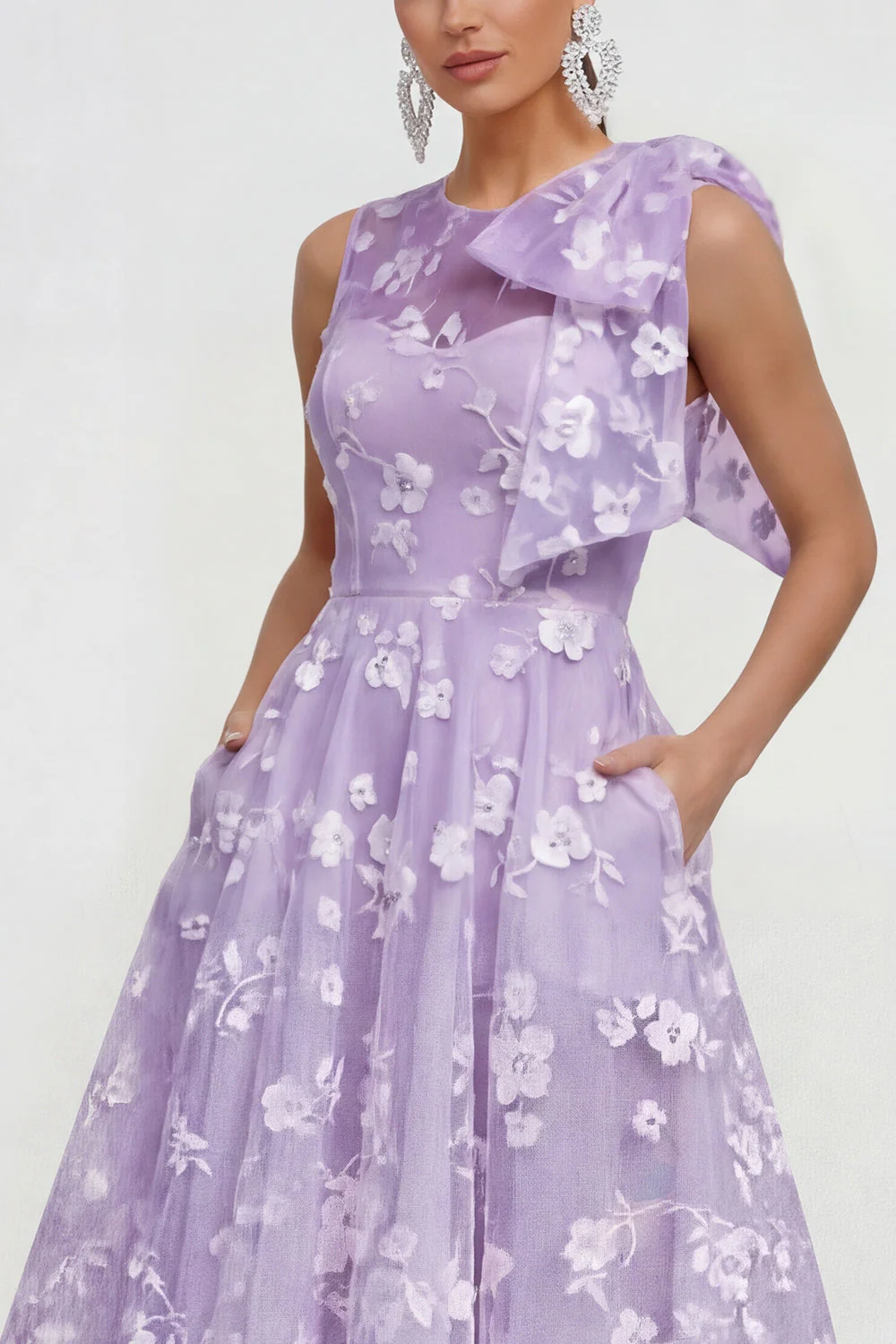 Pink Floral A-Line Bowed Round Neck Midi Dress with Pockets - Image 11